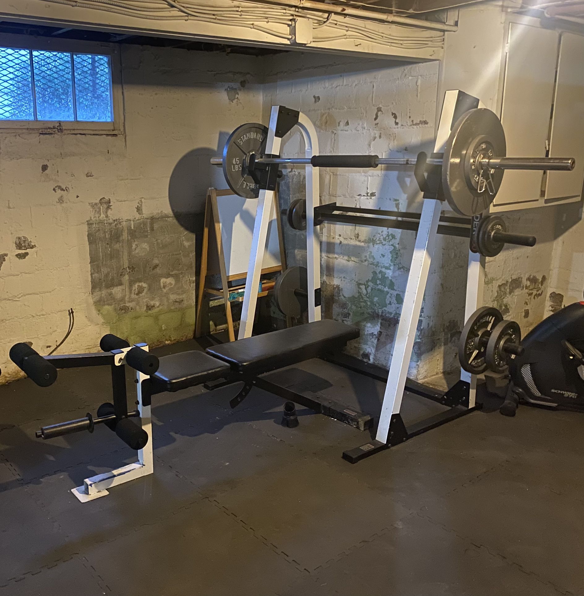 Squat cage rack with bar and weights and Bench 