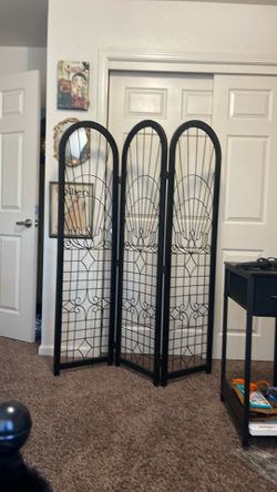 Vintage Black Wood Metal Three Panel Divider