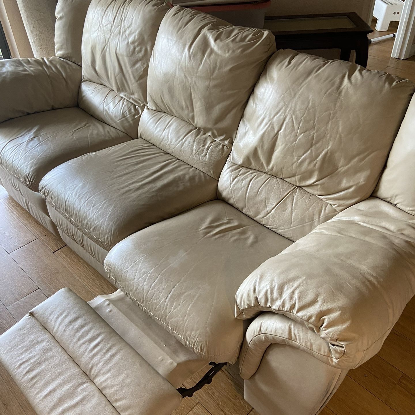 Leather, Cream, Reclining Sofa For Sale