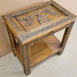 Antique Arts & Crafts Chinese carved wood side table. 20" H x 13" D x 19" W