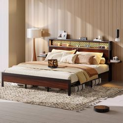 Full Size Bed Frame with Headboard and Foldable Bedside Shelves Storage, LED Platform Bed Frame with Charging Station, Non-Slip Metal Bed Frame, Noise