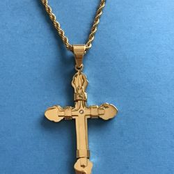 Men’s Gold on Stainless Steel Cross Pendant on Rope Chain *Pickup Boca Raton Or Ship Nationwide