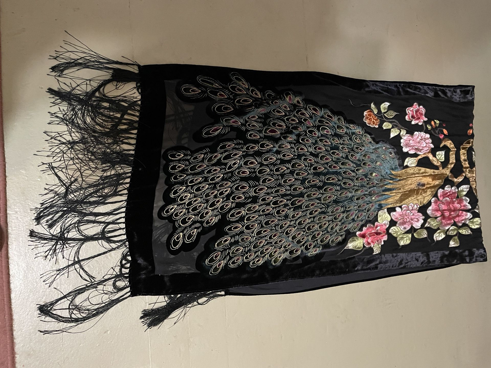 Beautiful Fringed Scarf With Peacock Design