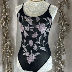 Express Womens M Black Floral Embroidered Sheer Bodysuit Tank Top Scoop Thong