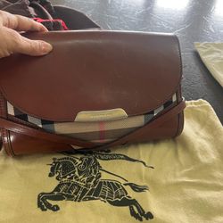 Authentic Burberry Haymarket Check Crossbody Bag - Tan Leather