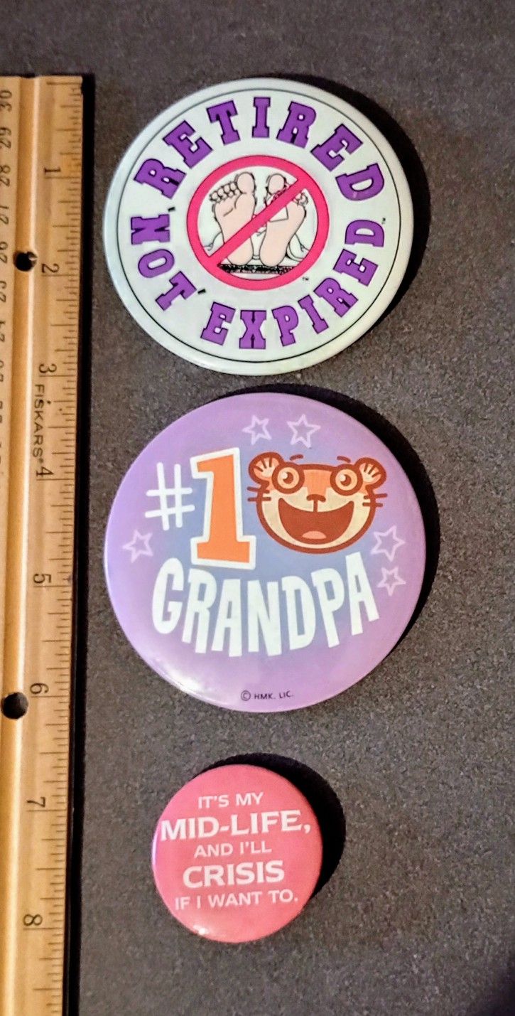 Retired #1 Grandpa Mid-Life Crisis Vintage Collectible Lapel Pin Button Pinback Lot Of 3 A-1