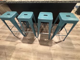 4 Matching Teal Metal Bar / Counter Stools