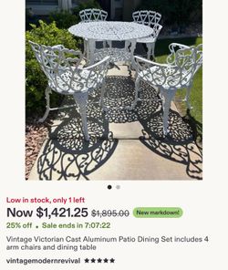 Vintage Victorian Cast Aluminum Patio Dining Set includes 4 arm chairs and dining table