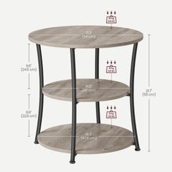 VASAGLE 21.7" Round Side Table 3-Tier End Nightstand w/ Steel Frame - Greige