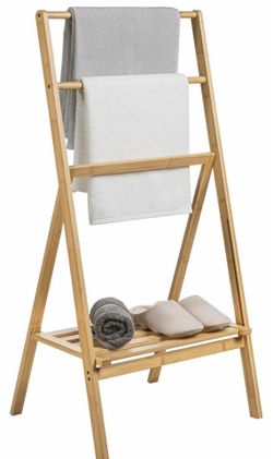 3 Tier Free Standing Towel Rack for Bathroom, Pool Outdoor, Foldable Blanket Ladder with Storage Shelf, 43" H Bath Towel Holder Organizer Drying Rack,