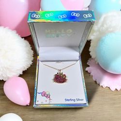 Hello Kitty Gold Plated Sterling Silver Chrystal Pave Pendant Necklace 18”