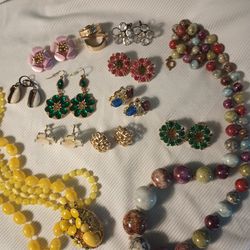 10 Pairs Of Earrings 2 Vintage Necklaces
