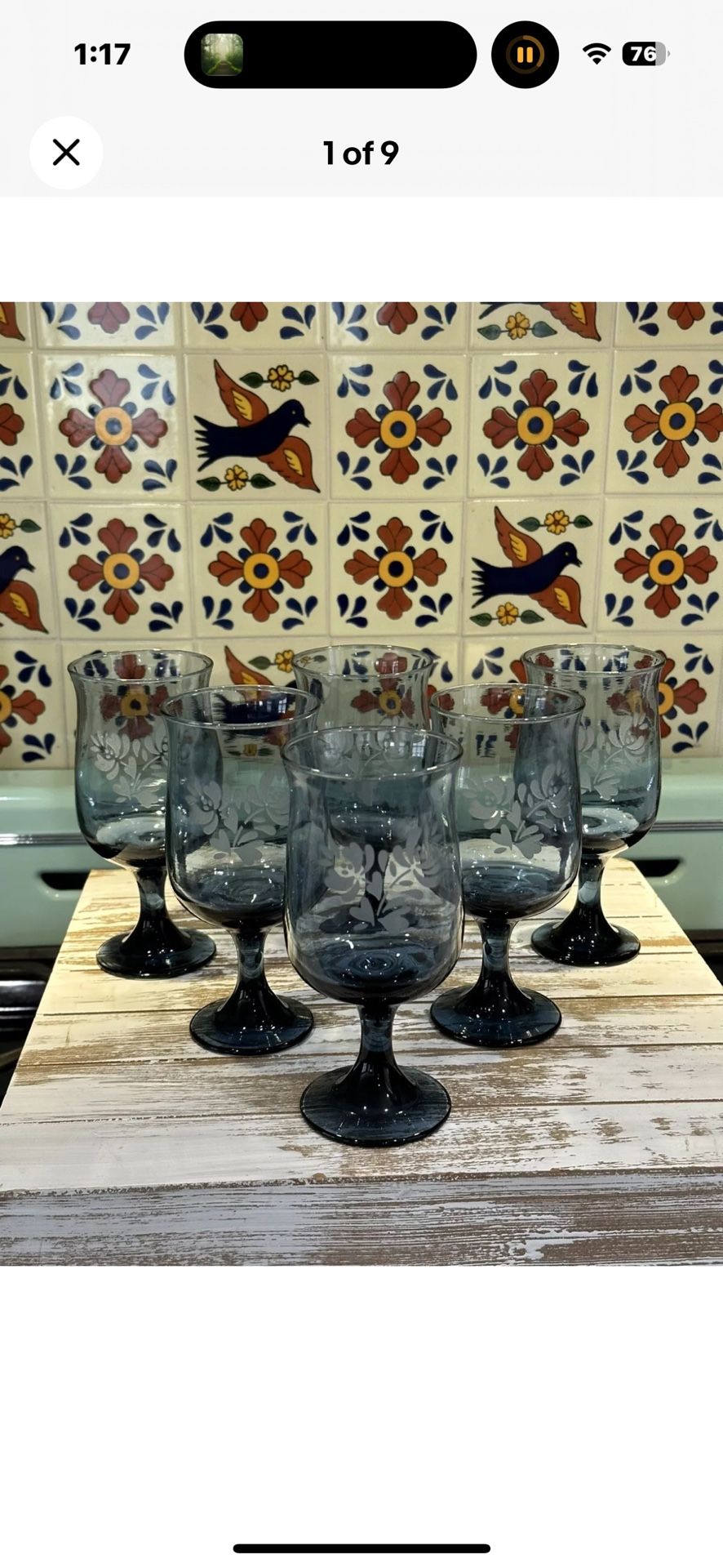 Gorgeous Set of 6 Vintage Purple Crystal Glasses w/Floral Pattern