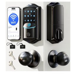 Veise VE027-K Built-in WiFi Smart Lock with 2 Knob, Fingerprint Keyless Entry Door Lock Handle Set for Front Door, App Remote Control, Electronic Digi