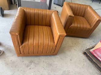 Pair of Tan Leather Channel Tufted Club Chairs