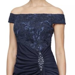 Alex Evenings  Sequin Embellished Formal Long  Navy Gathered Gown Size 10 NWT