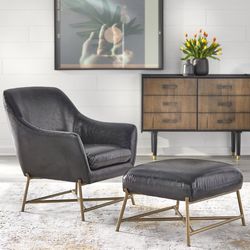 New Black Mid Century Modern Accent Chair with Ottoman 