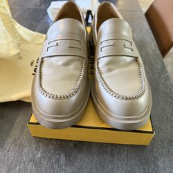 FENDI Loafers Designer Shoes Beige Leather FF Logo Men’s US 10