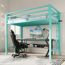 Metal Loft Bed Twin Size with Safety Guard & Removable Ladder, Green