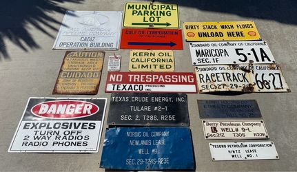 Various Porcelain Steel Oilfield Petroleum Municipal Danger Lease Signs Texaco Standard Shell