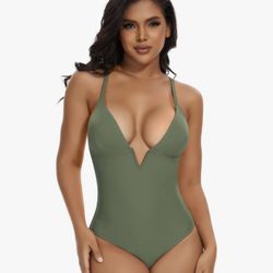 Women Swimsuit One Piece Bathing Suits Tummy Control Sexy Deep V Neck Padded Push Up Swimwear-LARGE