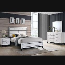 4pc White Queen BedroomSet (Queen Bed Frame/ Dresser / Mirror And Nightstand) Labor Day