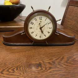 Vintage Antique Wood 1940’s Nautical Design Ships Bell Mantel Electric Clock by Warren Telechron 18-3/8 Wide 8 Tall made In USA WORKS ! Rare