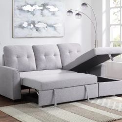 LIGHT GRAY FABRIC SECTIONAL SOFA STORAGE CHAISE ADJUSTABLE BED COUCH - SILLON SECCIONAL CAMA