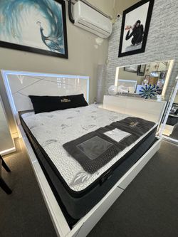 NEW OFFER! 4PC White California King Bedroom Set w/ LED Lights and Storage (Mattress No Included)