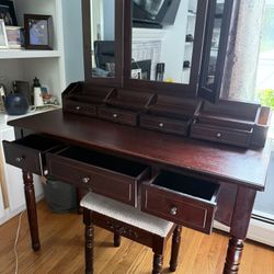 Wooden Brown Makeup Vanity Table With Trifold Mirror And Stool 