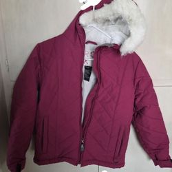 ROXIE GIRLS SKI OR SNOWBOARDING PUFFER JACKET PINK  FULL ZIPPER  FRONT. AND A HOOD  W / WHITE FAUX- FUR SIZE LARGE 