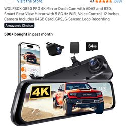 WOLFBOX G850 PRO 4K Mirror Dash Cam with ADAS and BSD, Smart Rear View Mirror with 5.8GHz WiFi, Voice Control, 12 inches Camera Includes 64GB Card, GP