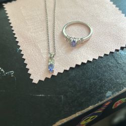 Silver With Blue Diamond Ring & Necklace 