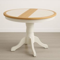 Round Tile-Top Pedestal Dining Table – White Base, Wood & Tile Top