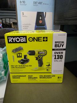 Brand new, factory-sealed Ryobi ONE+ 18-Volt 3/8" Drill/Driver Kit (Model PCL201K1SB3). Box has never been opened. Perfect for home DIY projects, asse