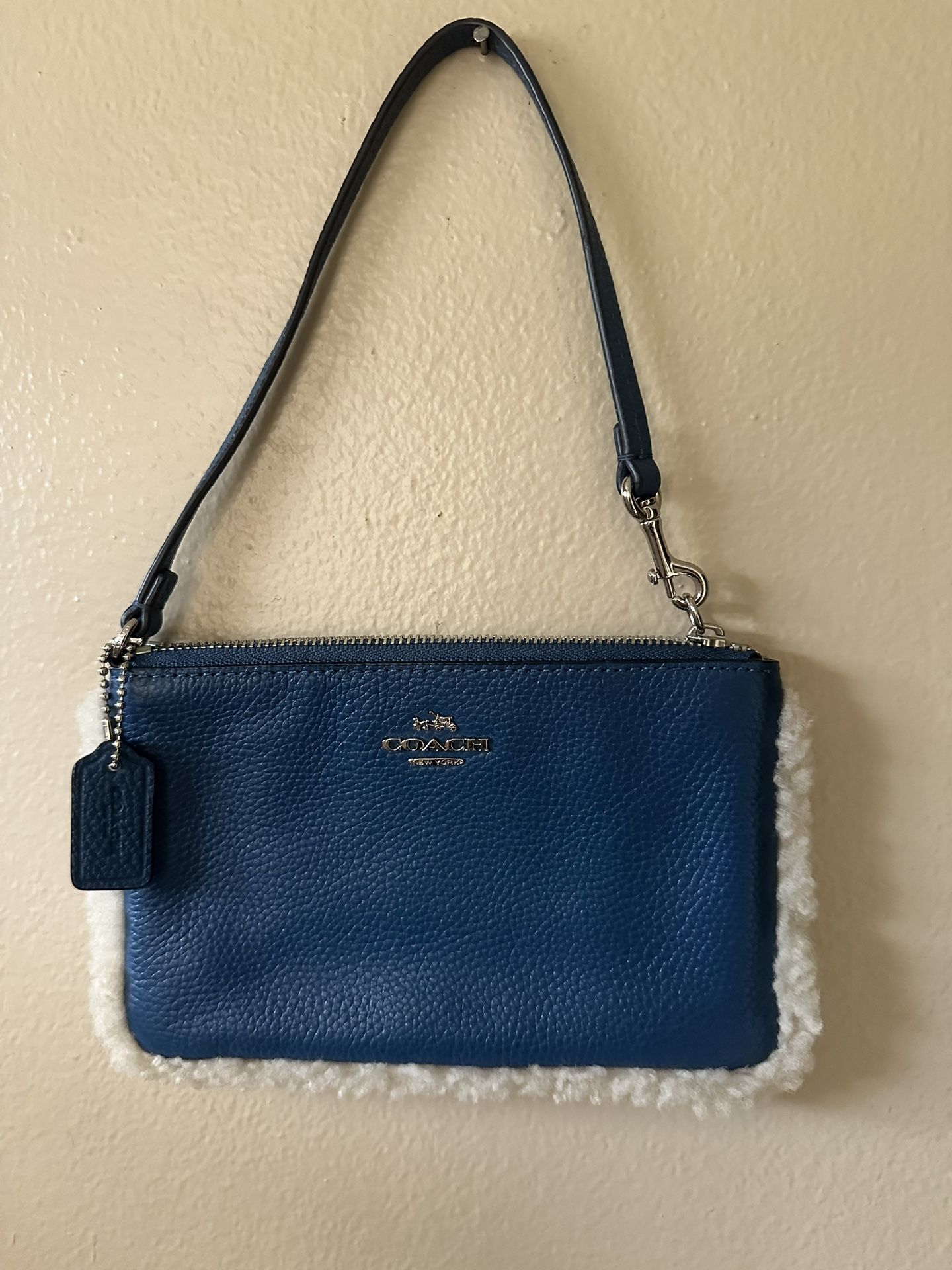 COACH Wristlet Blue SOFT Pebbled Leather with Shearling Trim