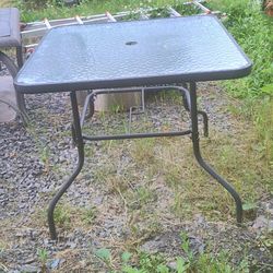 Glass, Metal Frame Patio Table With Umbrella Hole