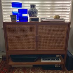 Rattan Storage Accent Cabinet Credenza - Natural Wood - 2 Doors With Shelves 