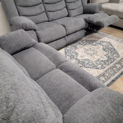 New Plush Gray Reclining Sofa And Loveseat