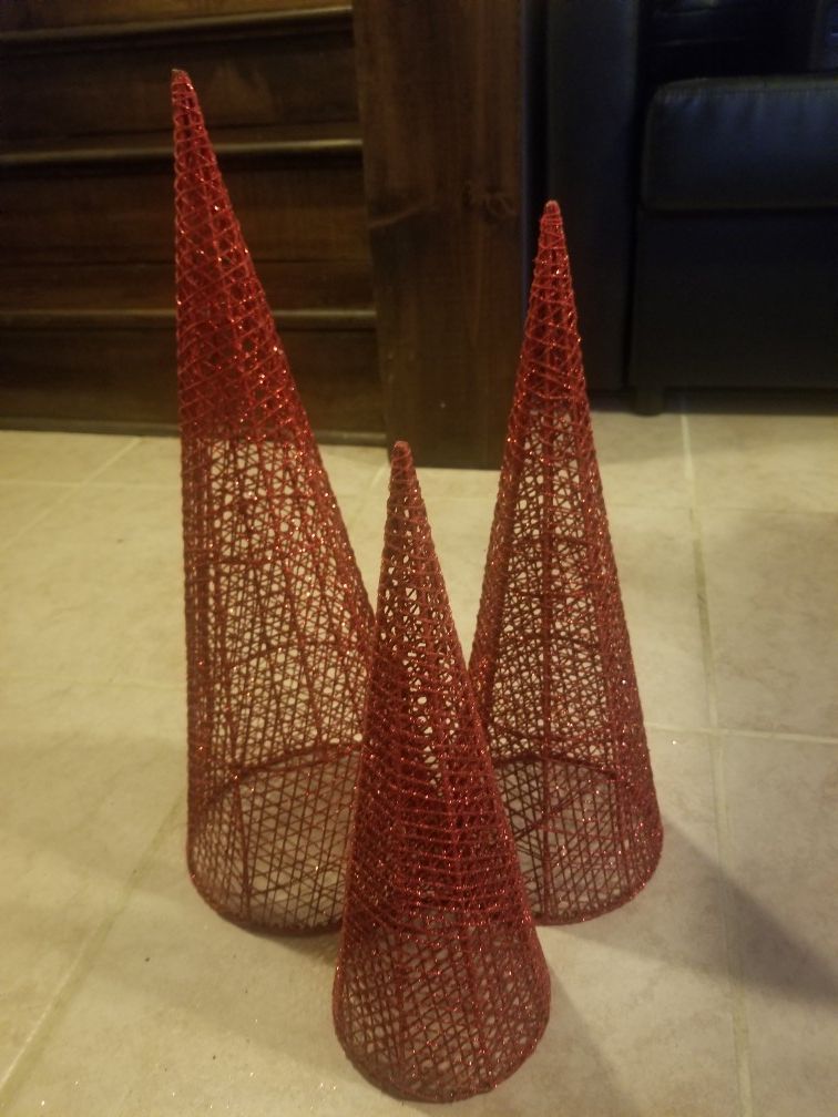 3 Tall Red Sparkly Christmas Trees