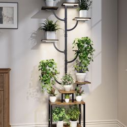 Plant Stand Indoor with Grow Lights - 9-Tier Plant Stand with Wheels, Tall Metal and Wood Indoor Plant Shelf with Tree Design, Rolling Flower Pot Hold
