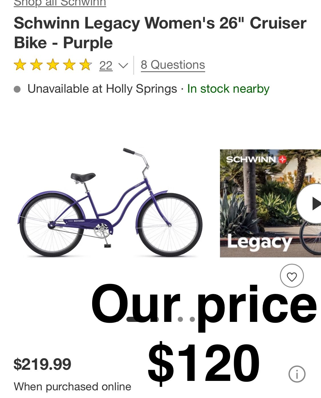 Schwinn Legacy Women's 26" Cruiser Bike - Purple