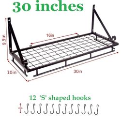 30" Wall mounted pots and pans rack. Pot holders wall shelves with 12 hooks. Kitchen shelves wall mounted with wall hooks. Kitchen storage pot holder 