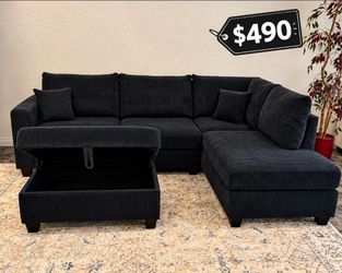 Elegant 3-Pc Black Corduroy Sectional Sofa With Ottoman Storage And USB Port