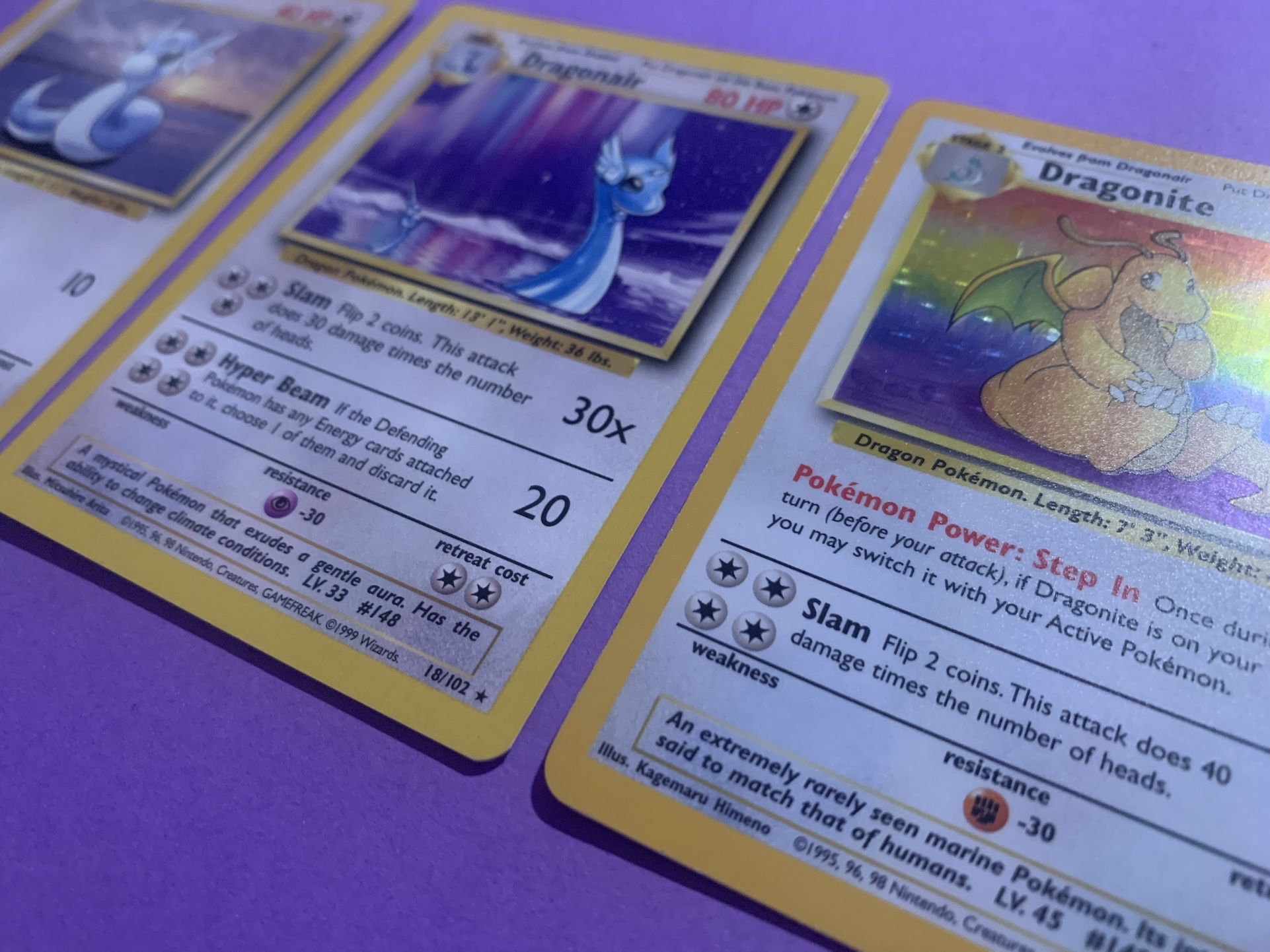 Rare Dragonite Holo, Dragonair and Dratini Vintage Pokmon Card Set  Collectible