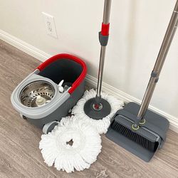 (New in box) $35 (Combo Set) Broom Dustpan & Spin Mop Wheels Extended Handle with 2pc Microfiber Mop Heads