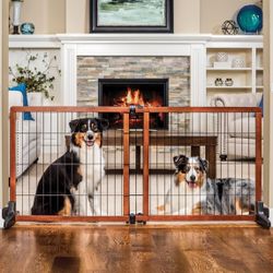 Extra Tall 70-Inch Wide Adjustable Freestanding Pet Gate, Premium Wood Brown