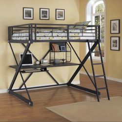 Black Loft queen sized bed with desk and shelf