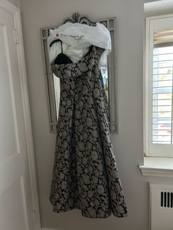 Brocade tea length off shoulders formal size 6 Adrianna Pappel