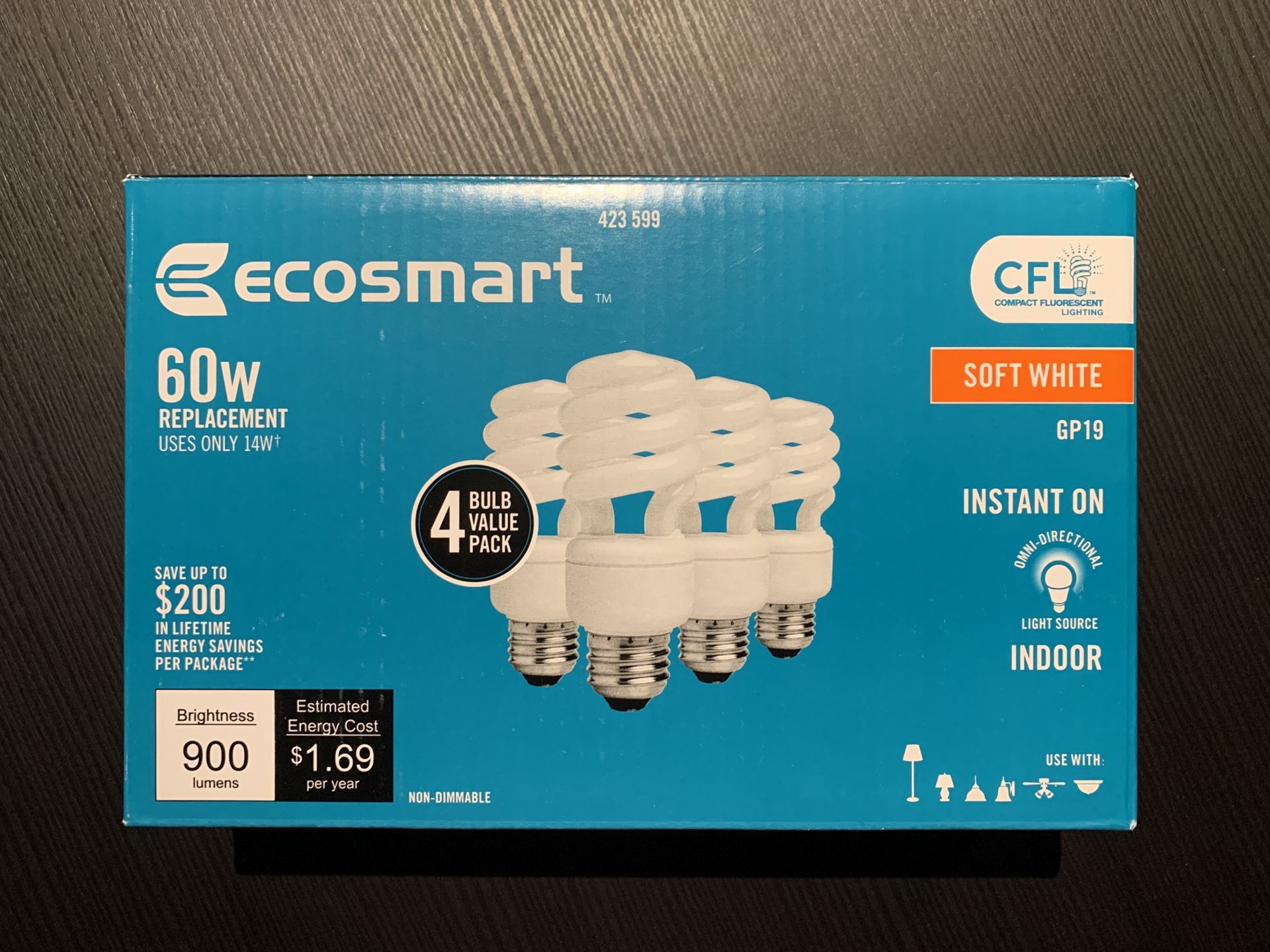 Ecosmart 60w CFL Soft White lightbulbs 4-pack